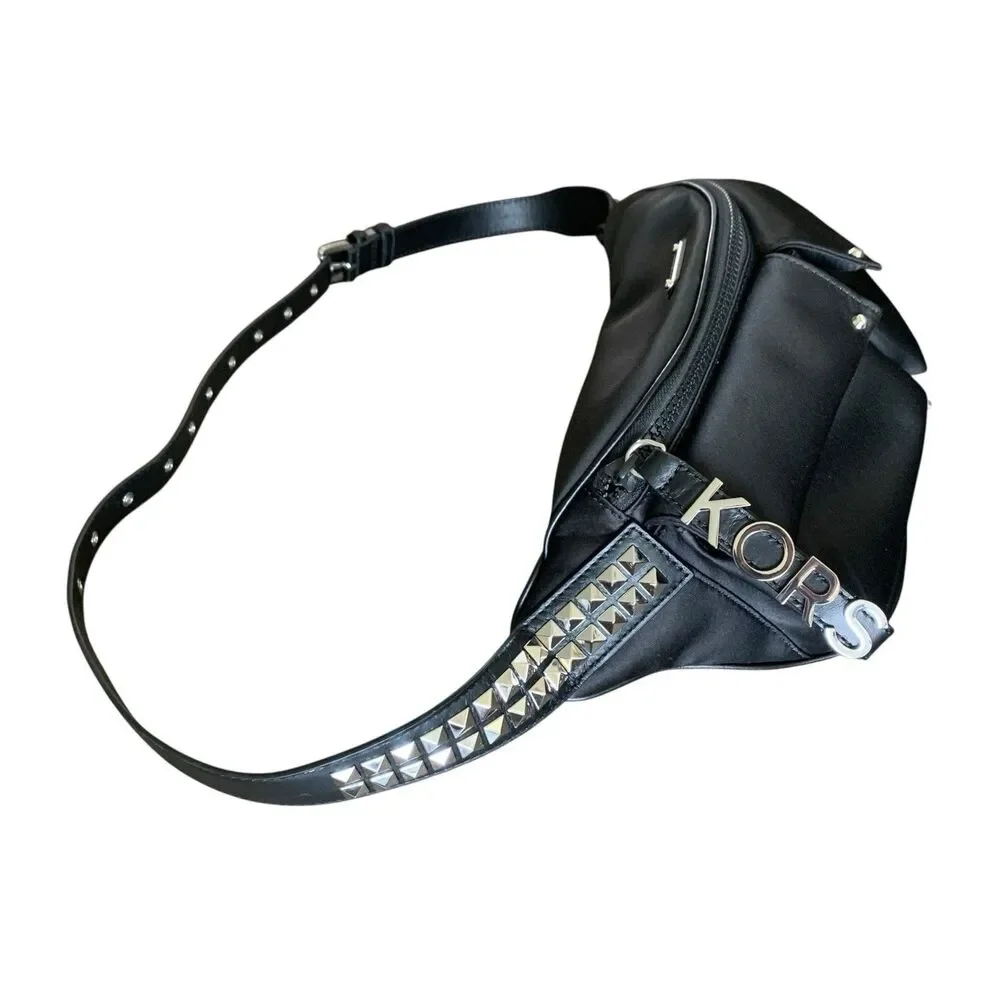 Michael Kors Olivia Large Studded Satin Belt Bag Black Silver Zip Up Goth NWOT